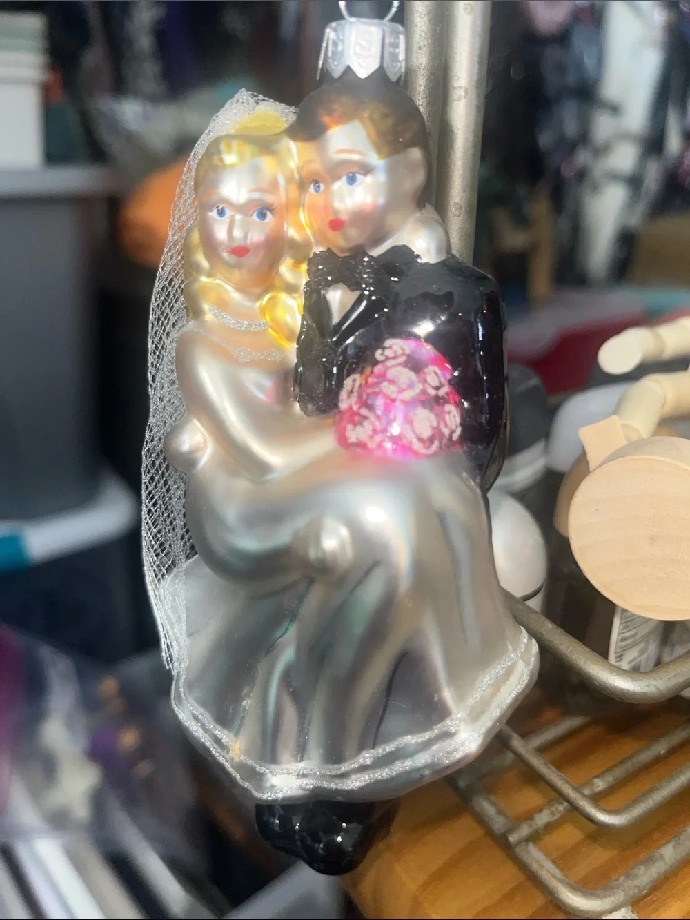 VTG Blown Glass Groom carrying his bride ornament by Robert Stanley signed 371